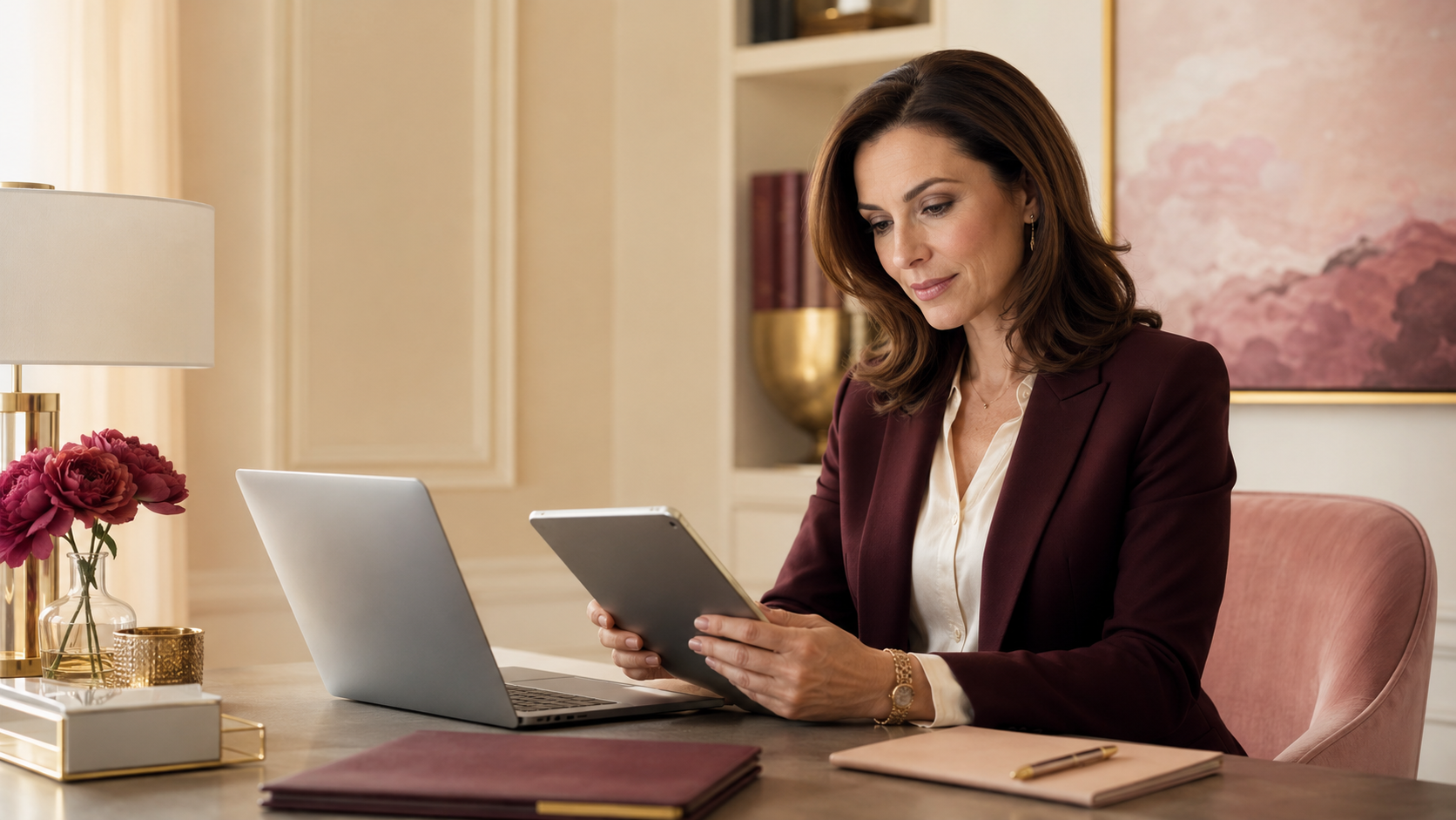 A professional matchmaker privately reviewing an application on a tablet
